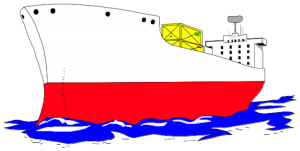 A computer graphic of a container ship with a white and red hull
